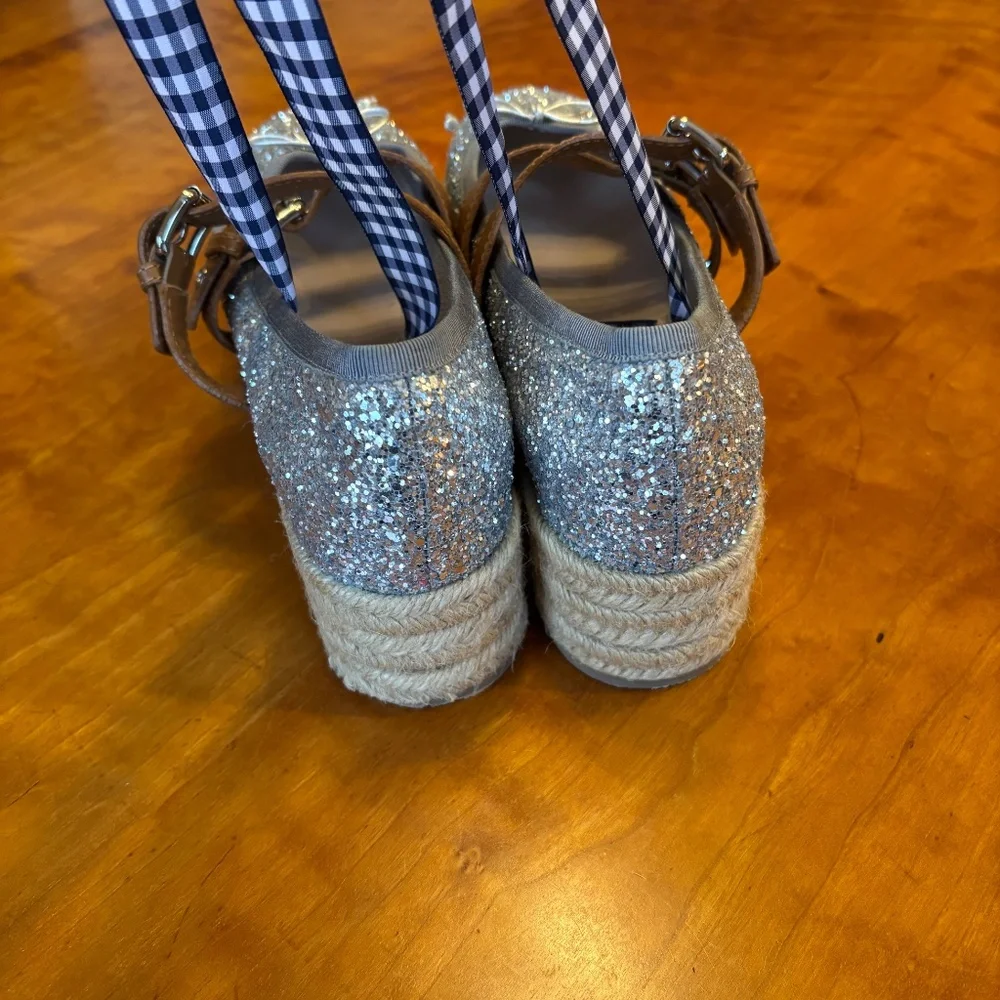Retail $650! Miu Miu Glitter Silver Platform Espadrilles Removables Ties 40 9.5